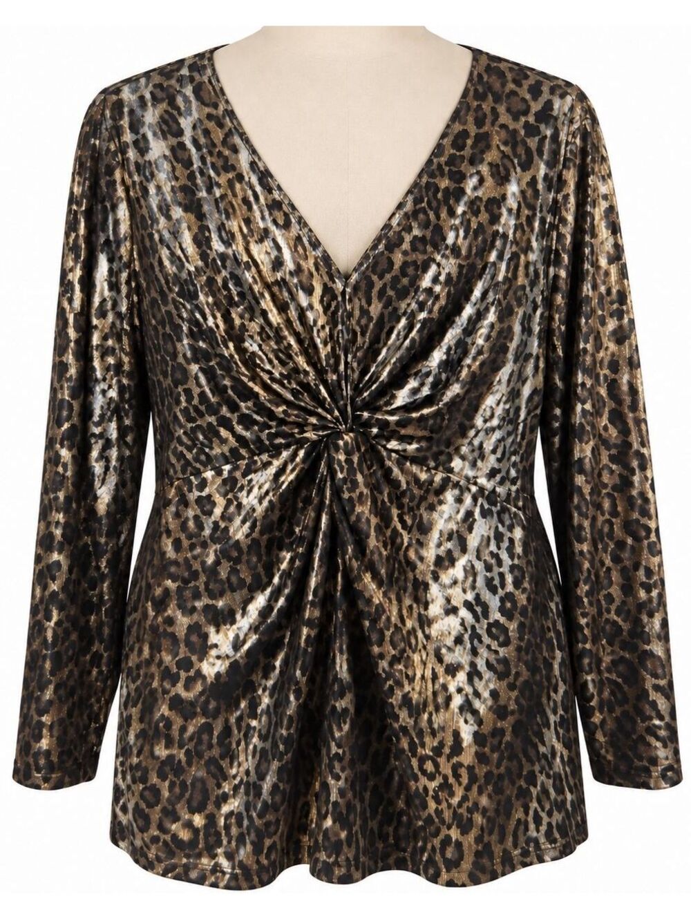 Metallic Leopard Twist Front Empire Waist Tunic Top 1X Andrea Jovine Y2K Glam